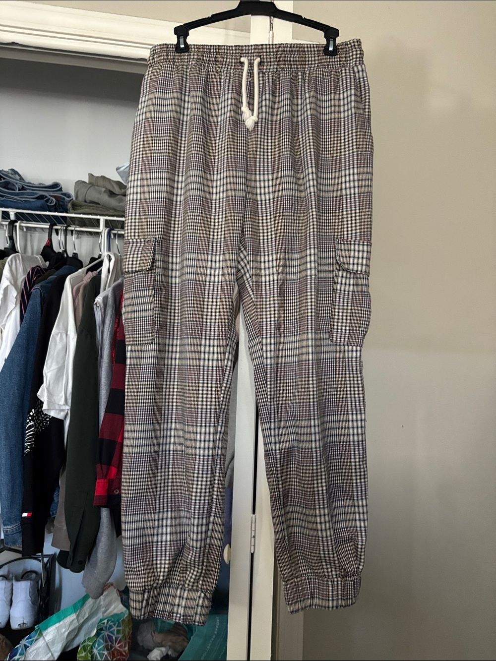 Beige and Gray Plaid Cargo Joggers